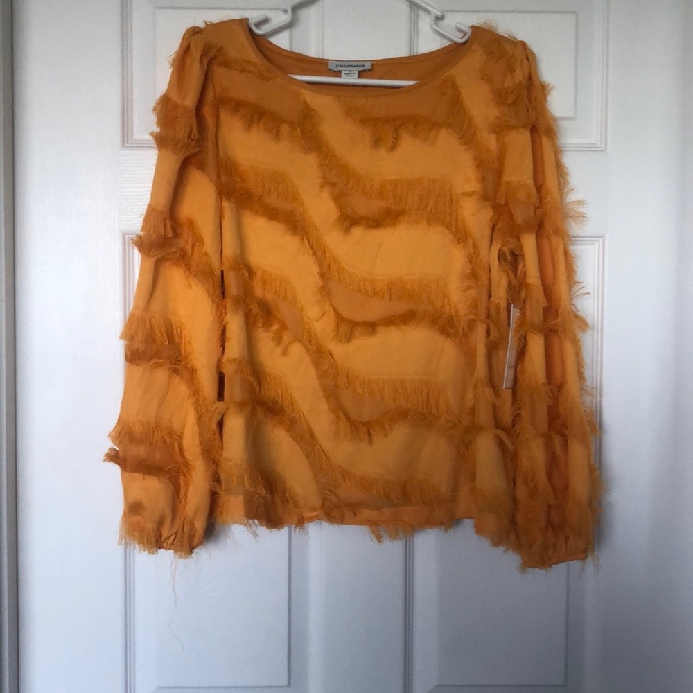 FRINGED FRONT/BACK  LONG SLEEVE TOP LIGHTWEIGHT NWT BY CALLIGRAPHE, MUS YELLOW
